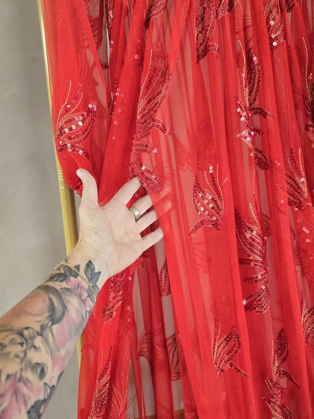 Red Floral Sheer Maxi Dress with Corset Bodice - Picture 6 of 13